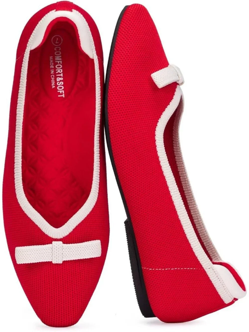 Frank Mully Women's Red White Rubber Knit Squared Toe Bow Slip On Ballet Flats